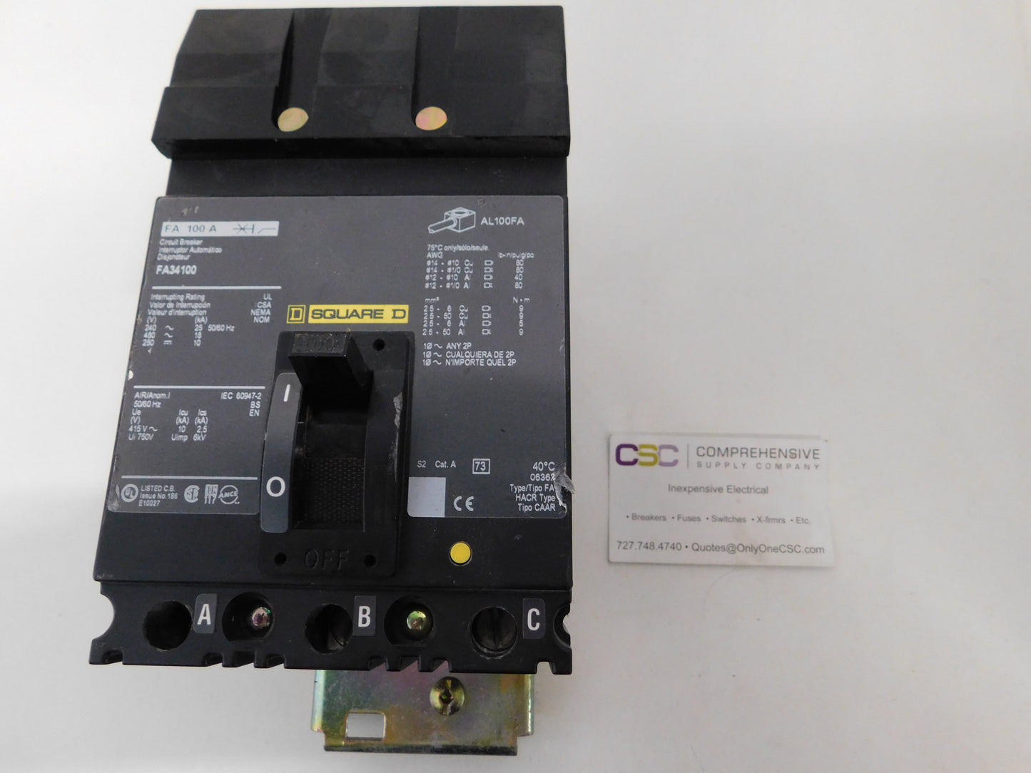 FA34100 - Square D 100A Amp 3P Pole 18kA@480V I-Line Plug On Circuit Breaker W/ Green Label