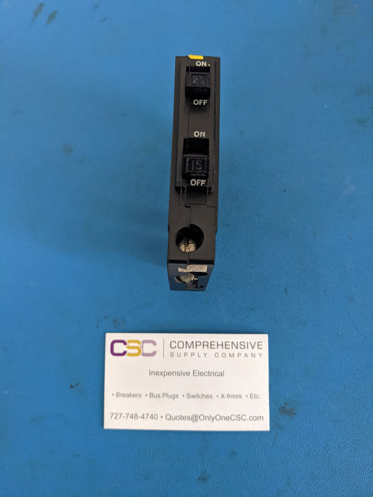 QOT2015 - Square D 20/15A Amp 2X1P Pole 10kA@120/240V Plug On Duplex Circuit Breaker - Older Series W/Rejection Hook