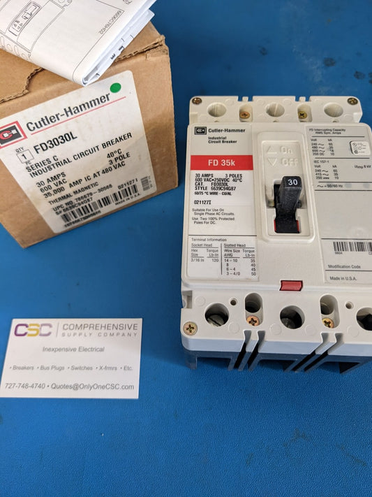 FD3030L - Cutler Hammer 30A Amp 3P Pole 600V 35kA@480V Bolt On Circuit Breaker W/Red Label