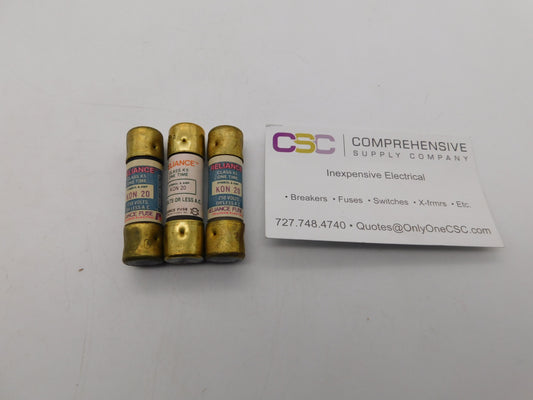 KON-20 - Reliance Fuse 20A Amp 250V Class K5 One-Time Cartridge Fuse - 3 Pack