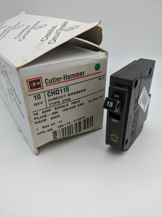 CHQ115 - Cutler Hammer 15A Amp 1P Pole 10kA@120/240V Plug On Circuit Breaker