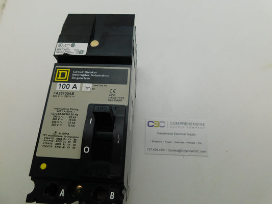 FA26100AB - Square D 100A Amp 2P Pole 600V 18kA@480V I-Line Plug On Circuit Breaker W/Gray Label