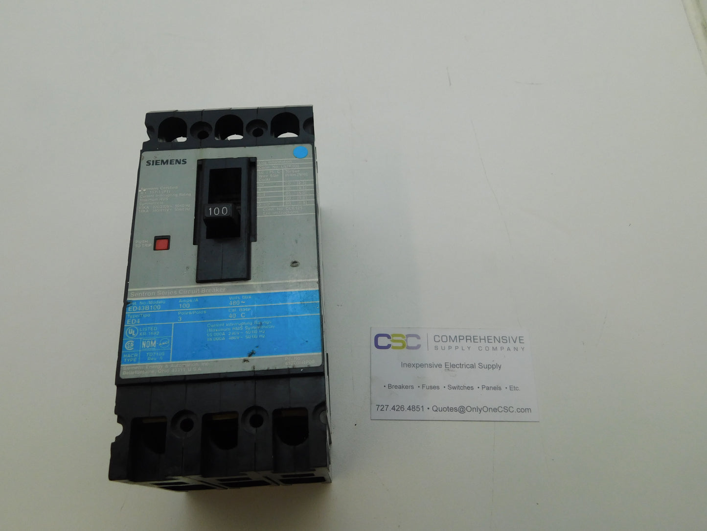 ED43B100 - Siemens 100A Amp 3P Pole 18kA@480V Feed Through Circuit Breaker W/Gray Label