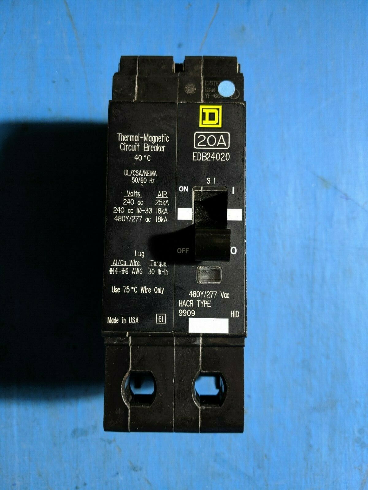 EDB24020 - Square D 20A Amp 2P Pole 18kA@480Y/277V Bolt On Circuit Breaker - Older Series