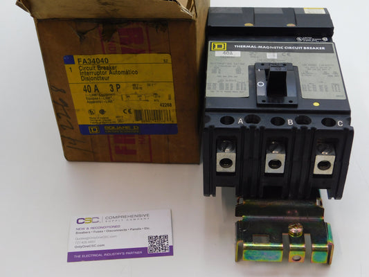 FA34040 - Square D 40A Amp 3P Pole 14kA@480V I-Line Plug On Circuit Breaker W/Gray Label
