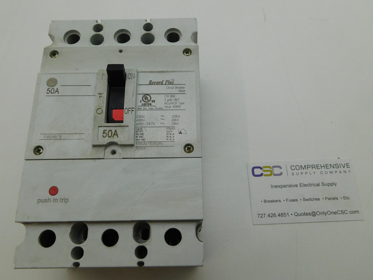 FBN36TE050RV - GE 50A Amp 3P Pole 600V 65kA@480V Bolt On Record Plus Circuit Breaker
