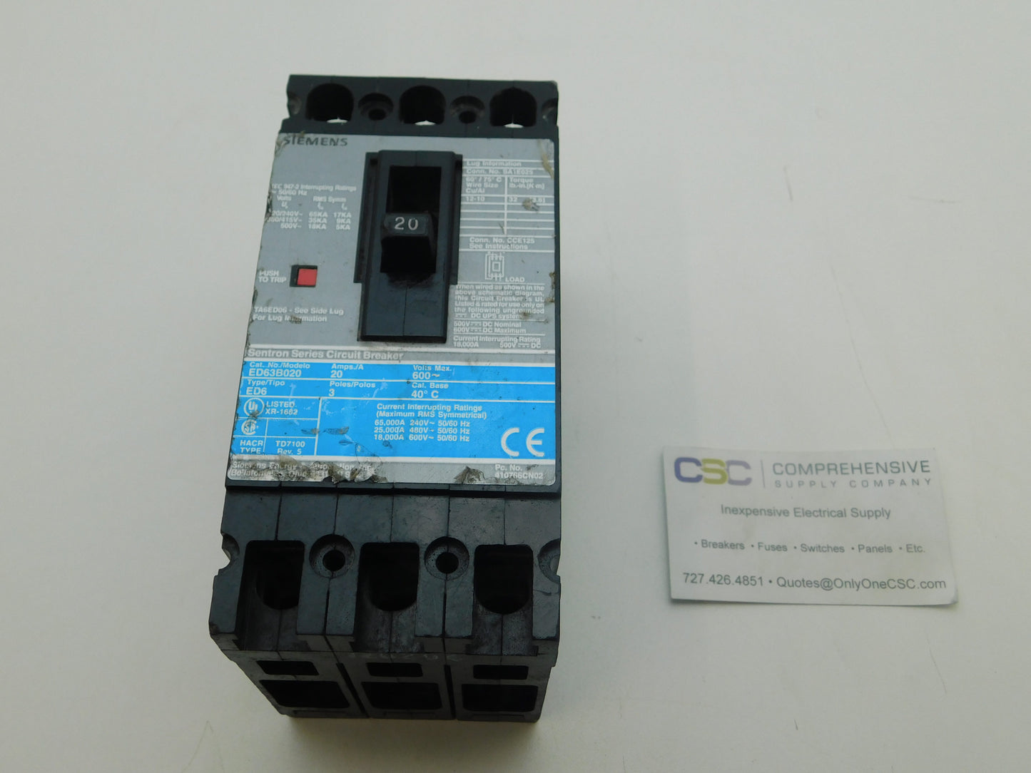 ED63B020 - Siemens 20A Amp 3P Pole 600V 25kA@480V Feed Through Circuit Breaker W/Gray Label