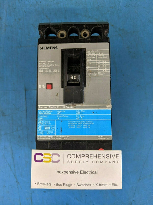 ED43B060 - Siemens 60A Amp 3P Pole 18kA@480V Feed Through Circuit Breaker W/Gray Label
