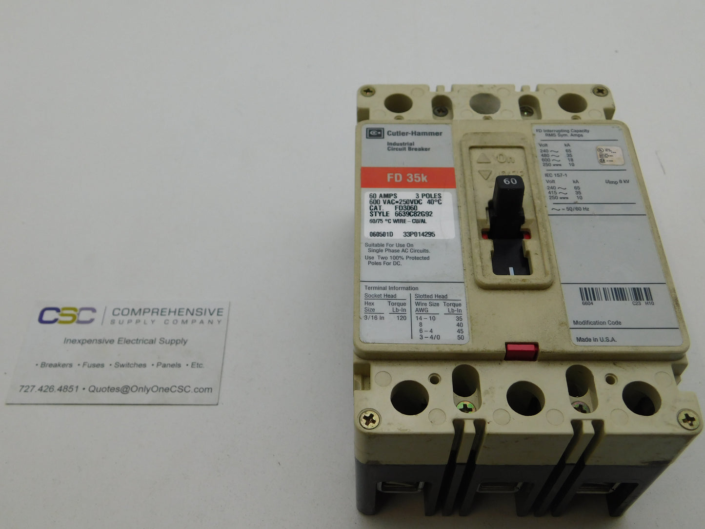 FD3060 - Cutler Hammer 60A Amp 3P Pole 600V 35kA@480V Bolt On Circuit Breaker W/Red Label