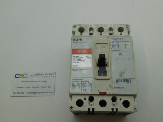 FD3200L - Eaton 200A Amp 3P Pole 600V 35kA@480V Bolt On Circuit Breaker W/Red Label & Lugs