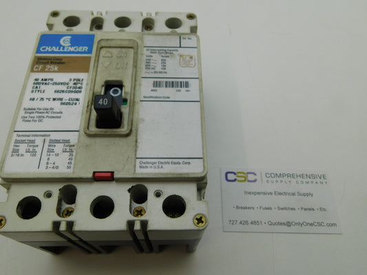CF3040 - Challenger 40A Amp 3P Pole 600V 25kA@480V Bolt On Circuit Breaker