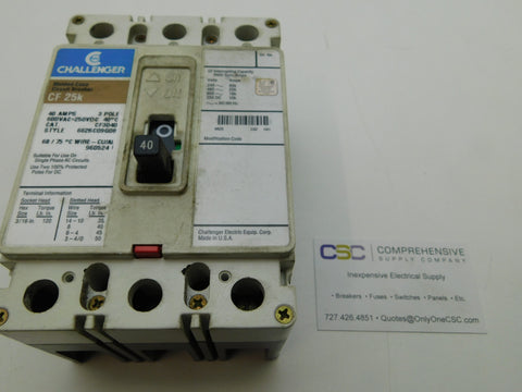 CF3040 - Challenger 40A Amp 3P Pole 600V 25kA@480V Bolt On Circuit Breaker