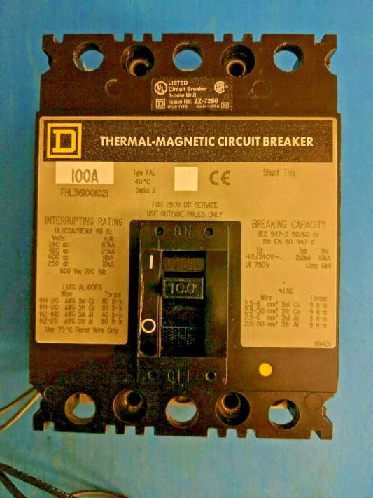 FHL361001021 - Square D 100A Amp 3P Pole 600V 25kA@480V Bolt On Circuit Breaker W/Gray Label & 120V Shunt Trip