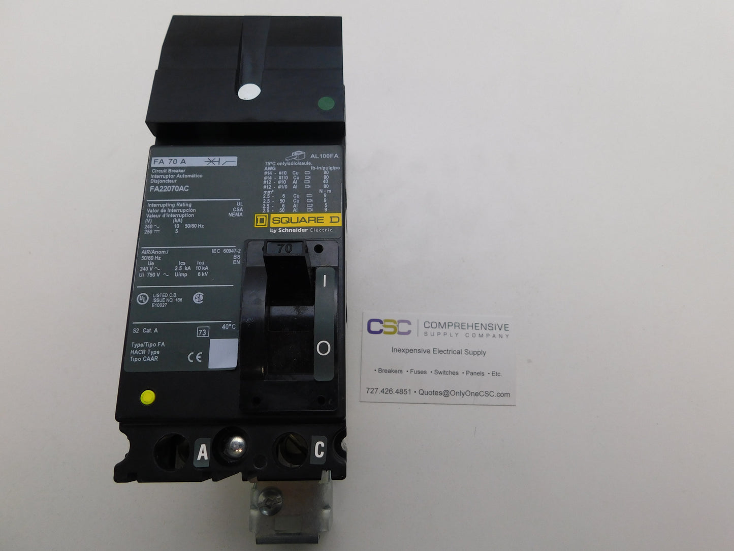 FA22070AC - Square D 70A Amp 2P Pole 10kA@240V Ac Phase I-Line Plug On Circuit Breaker