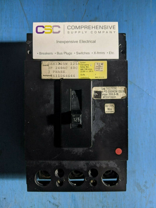 CAH3125W - Westinghouse 125A Amp 3P Pole 22kA@240V Bolt On Circuit Breaker