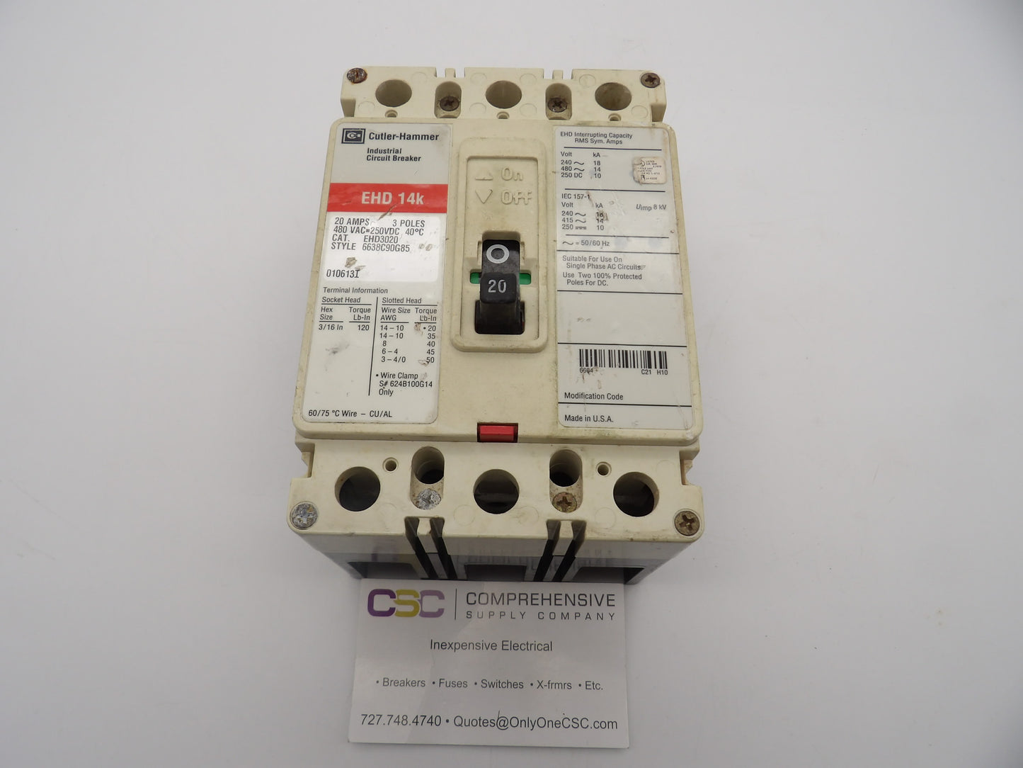 EHD3020 - Cutler Hammer 20A Amp 3P Pole 14kA@480V Feed Through Circuit Breaker W/Red Label