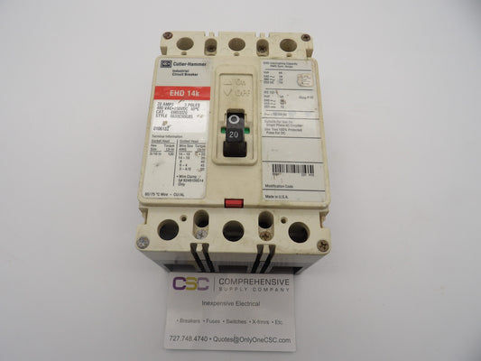 EHD3020 - Cutler Hammer 20A Amp 3P Pole 14kA@480V Feed Through Circuit Breaker W/Red Label