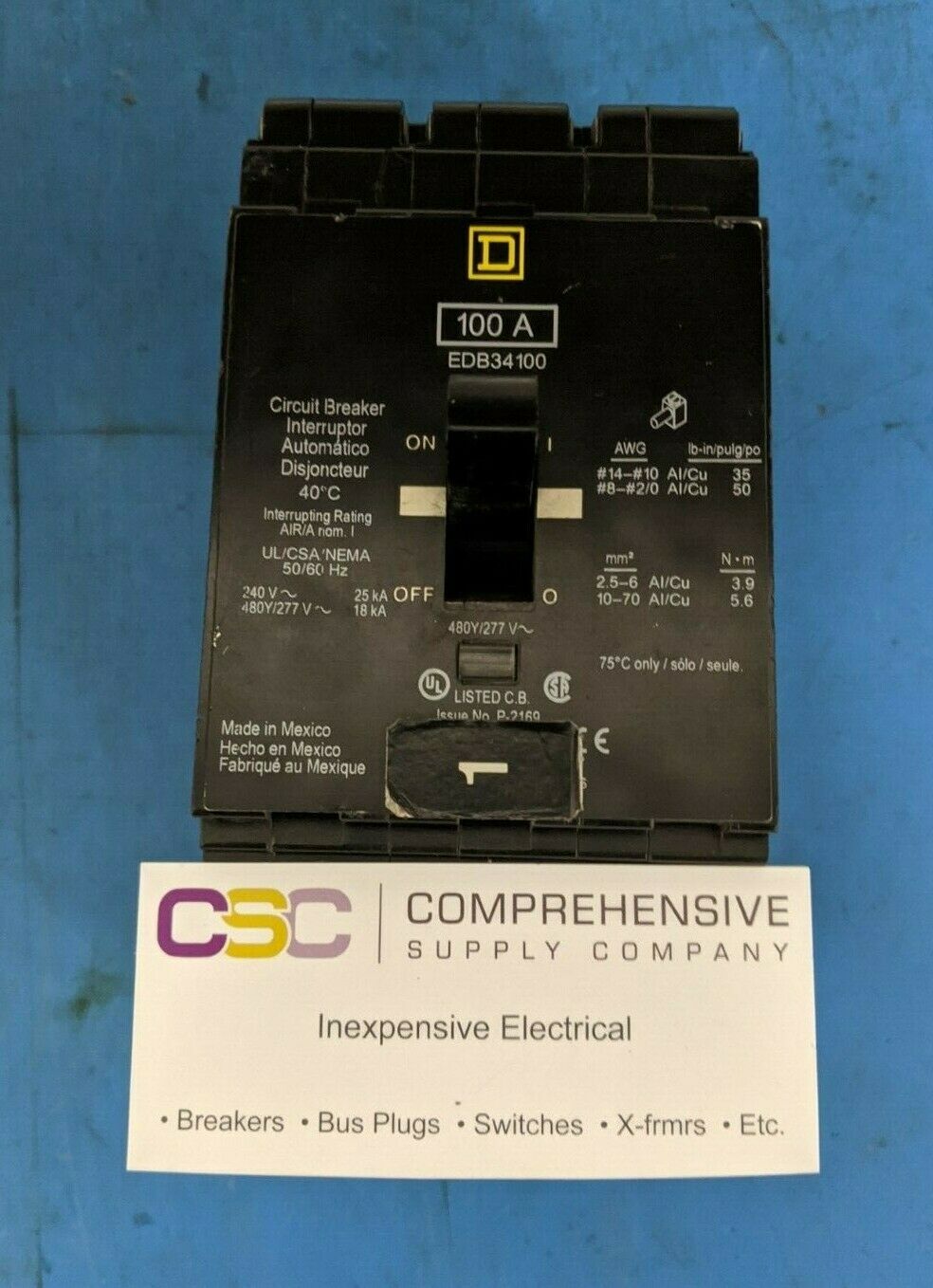EDB34100 - Square D 100A Amp 3P Pole 18kA@480Y/277V Bolt On Circuit Breaker