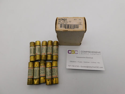KON-20 - Edison 20A Amp 250V Class K5 One-Time Edison Cartridge Fuse - 10 Pack