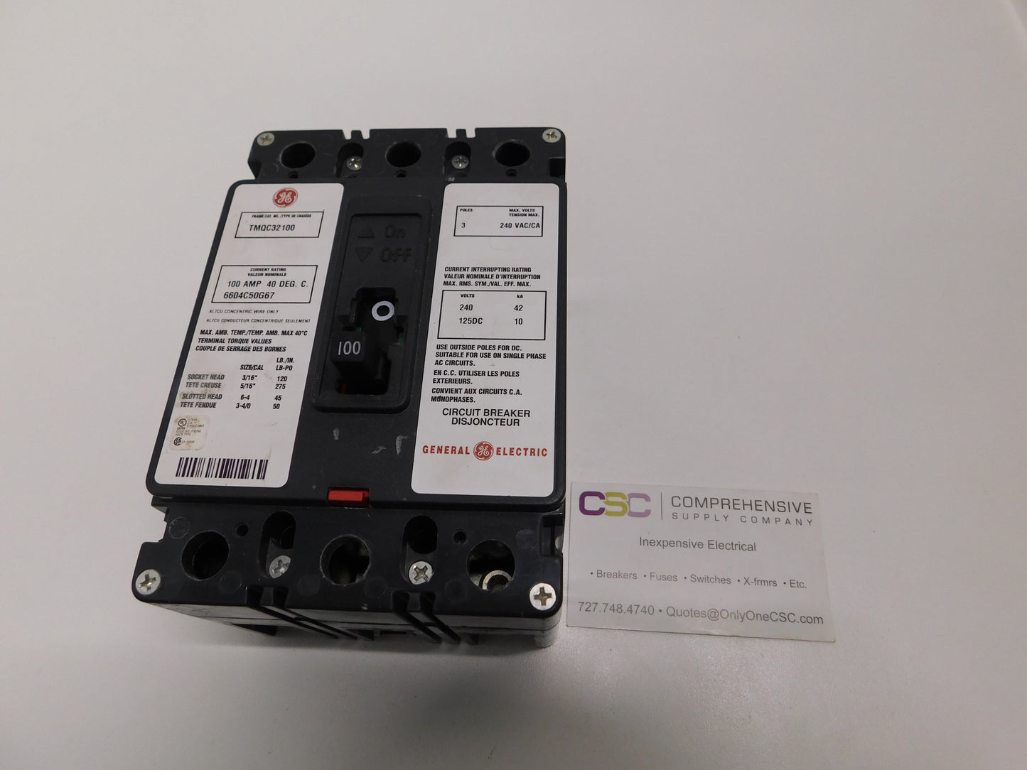 TMQC32100 - GE 100A Amp 3P Pole 42kA@240V Bolt On Tenant Main Circuit Breaker