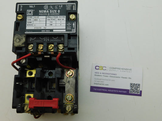 8536SBO1 - Square D 600V 120V@60Hz /240V@60Hz Nema Size 0 Open Type Motor Starter