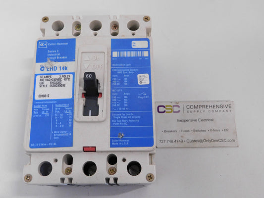 EHD3060 - Eaton 60A Amp 3P Pole 14kA@480V Feed Through Circuit Breaker W/Blue Label