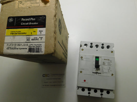 FBV36TE035RV - GE 35A Amp 3P Pole 600V 35kA@480V Bolt On Record Plus Circuit Breaker