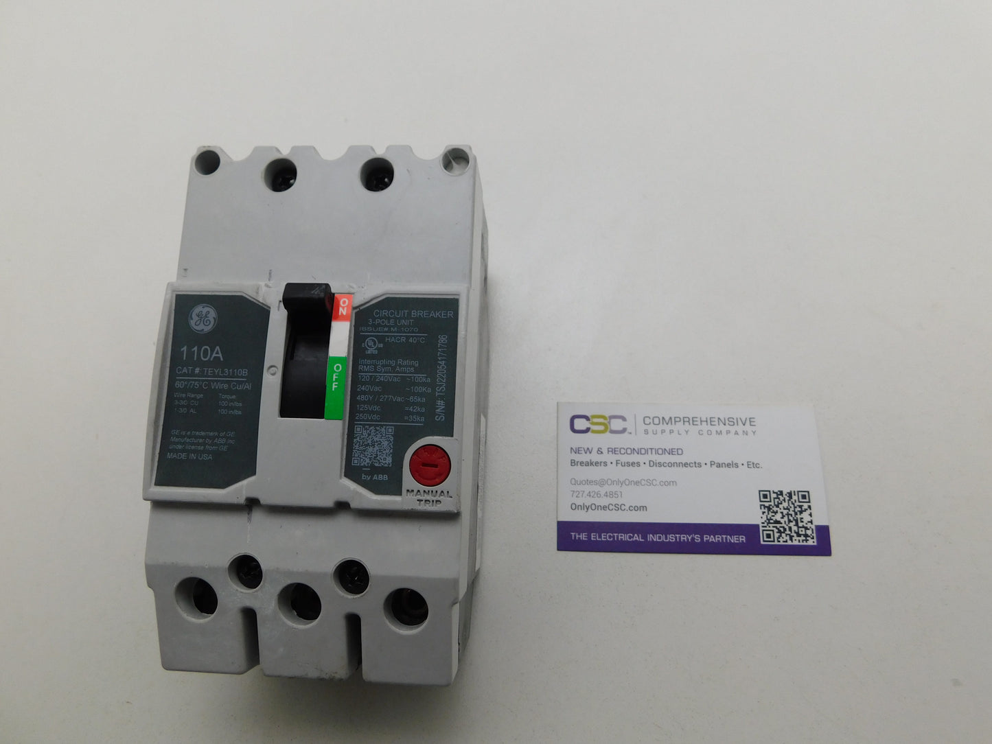TEYL3110B - GE 110A Amp 3P Pole 65kA@480Y/277V Bolt On Circuit Breaker