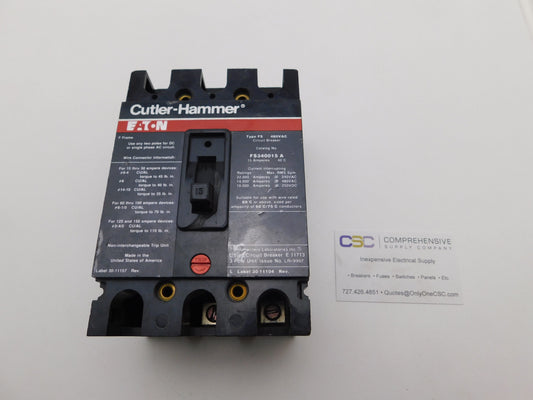 FS340015A - Cutler Hammer 15A Amp 3P Pole 14kA@480V Bolt On Circuit Breaker