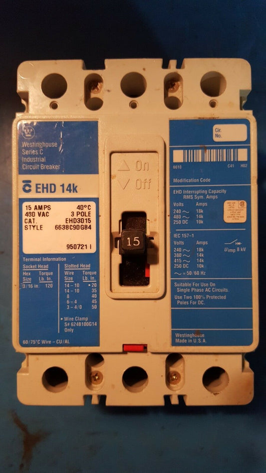 EHD3015 - Westinghouse 15A Amp 3P Pole 14kA@480V Feed Through Circuit Breaker