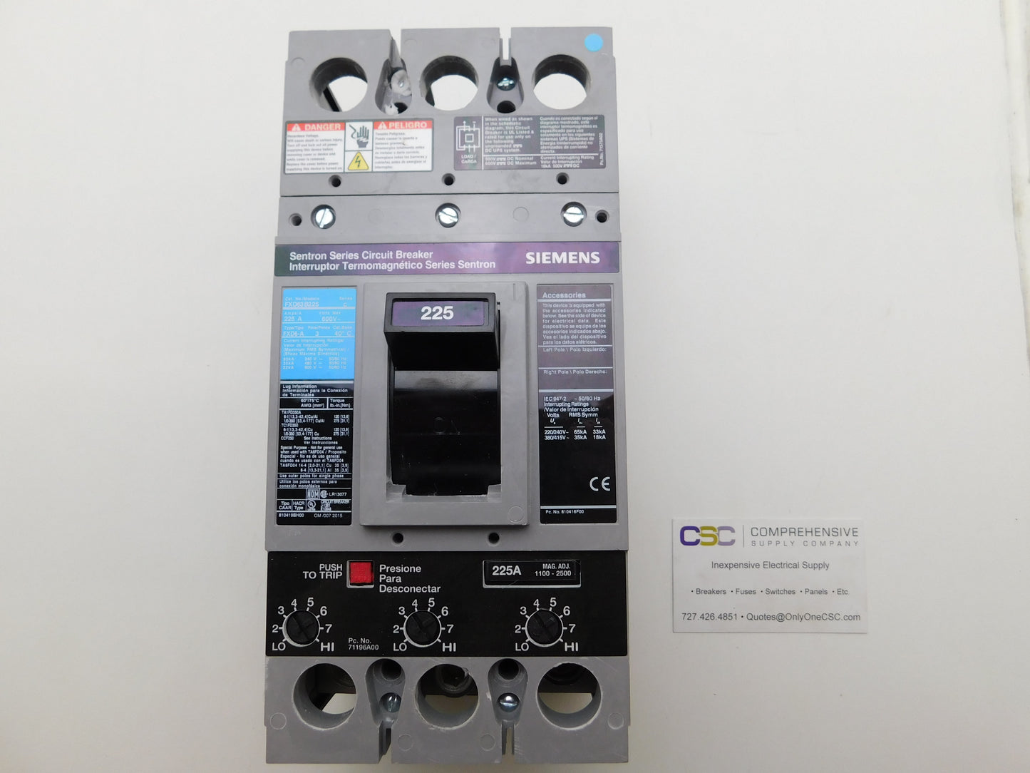 FXD63B225 - Siemens 225A Amp 3P Pole 600V 35kA@480V Bolt On Sentron Circuit Breaker W/225A Trip