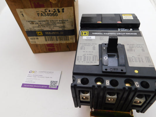 FA34060 - Square D 60A Amp 3P Pole 18kA@480V I-Line Plug On Circuit Breaker W/Gray Label