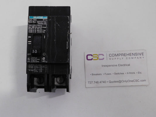 BQD230 - Siemens 30A Amp 2P Pole 14kA@480Y/277V Bolt On Black Circuit Breaker