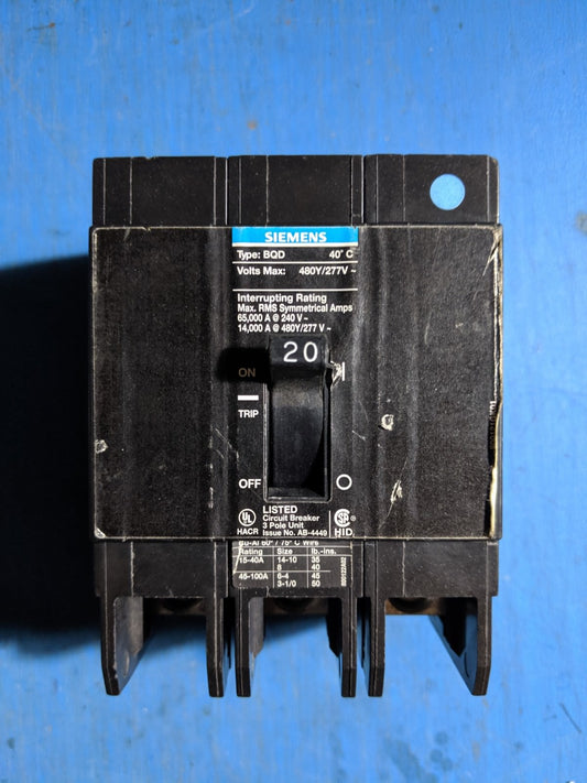 BQD320 - Siemens 20A Amp 3P Pole 14kA@480Y/277V Bolt On Black Circuit Breaker