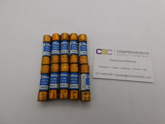 KON-30 - Edison 30A Amp 250V Class K5 One-Time Cartridge Fuse - 10 Pack