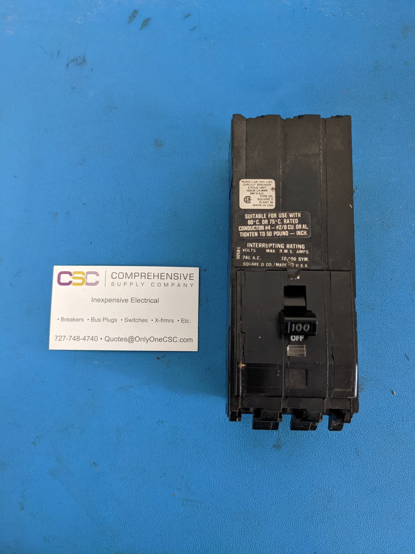 Q13100 - Square D 100A Amp 3P Pole 10kA@240V Plug On Circuit Breaker