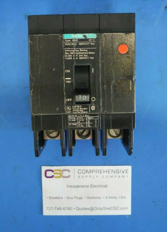 BQD370 - Siemens 70A Amp 3P Pole 14kA@480Y/277V Bolt On Black Circuit Breaker