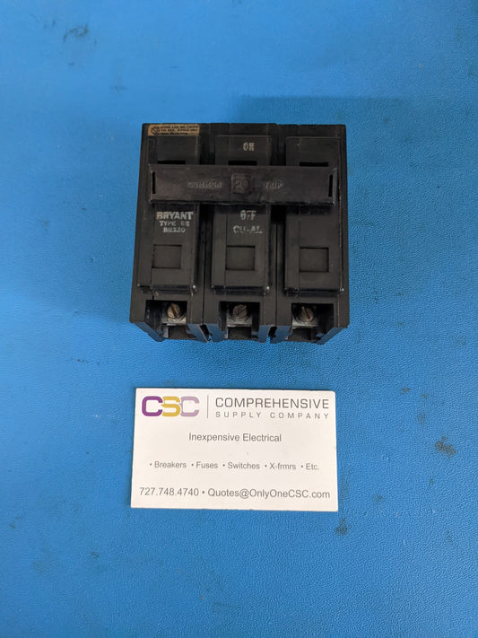 BR320 - Bryant 20A Amp 3P Pole 10kA@240V Plug On Circuit Breaker - Older Series