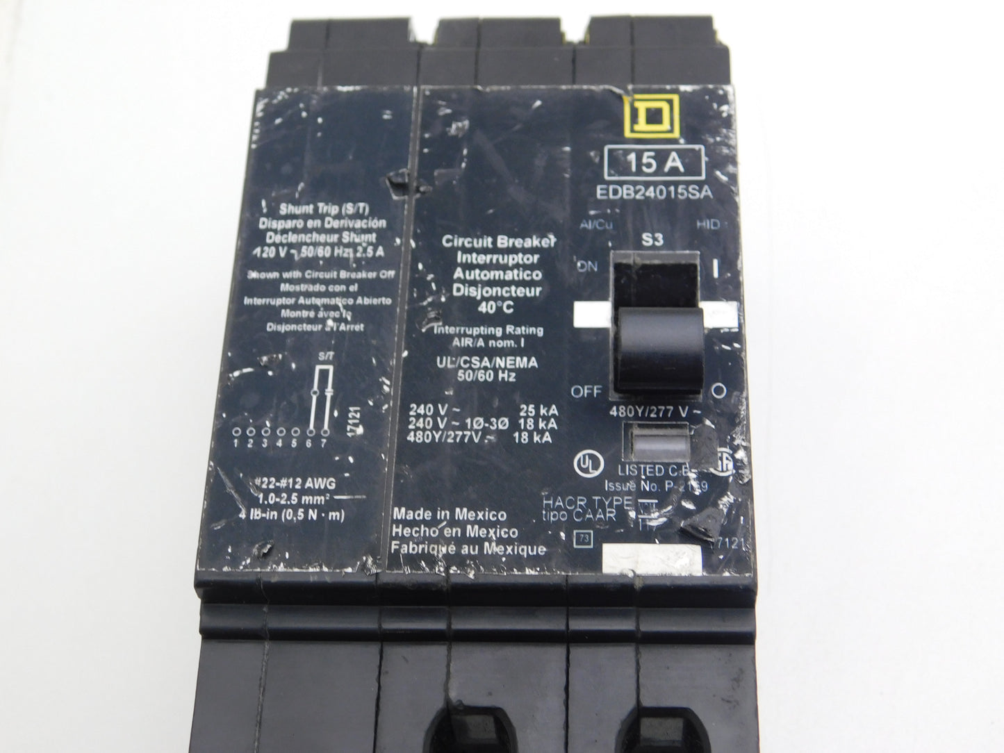EDB24015SA - Square D 15A Amp 2P Pole 18kA@480Y/277V Bolt On Circuit Breaker W/120V Shunt Trip