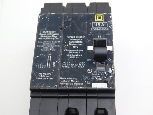 EDB24015SA - Square D 15A Amp 2P Pole 18kA@480Y/277V Bolt On Circuit Breaker W/120V Shunt Trip
