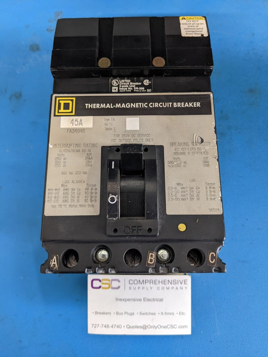 FA34045 - Square D 45A Amp 3P Pole 18kA@480V I-Line Plug On Circuit Breaker W/Gray Label