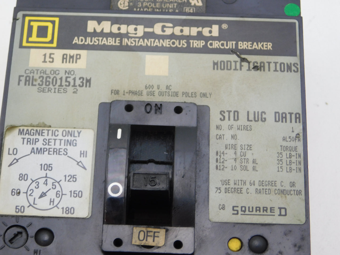 FAL3601513M - Square D 15A Amp 3P Pole 600V 18kA@480V Bolt On Mag-Gard Circuit Breaker W/Gray Label