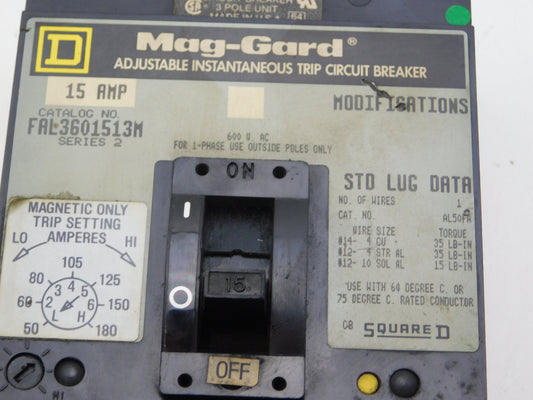 FAL3601513M - Square D 15A Amp 3P Pole 600V 18kA@480V Bolt On Mag-Gard Circuit Breaker W/Gray Label