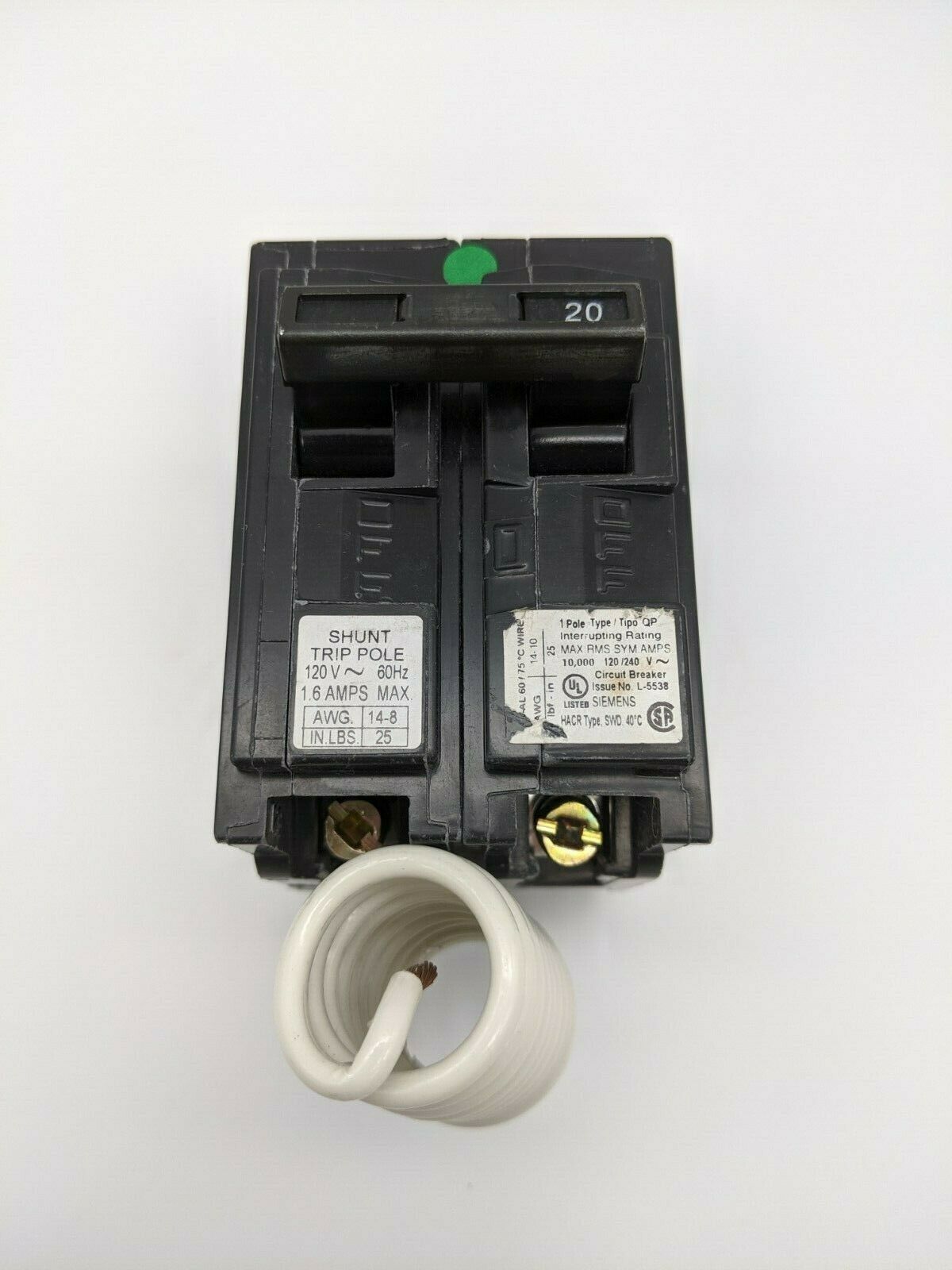Q12000S01 - Siemens 20A Amp 1P Pole 10kA@120/240V Plug On Circuit Breaker W/120V Shunt Trip