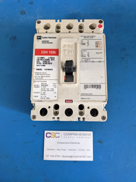 EDH3110 - Cutler Hammer 110A Amp 3P Pole 100kA@240V Bolt On Circuit Breaker