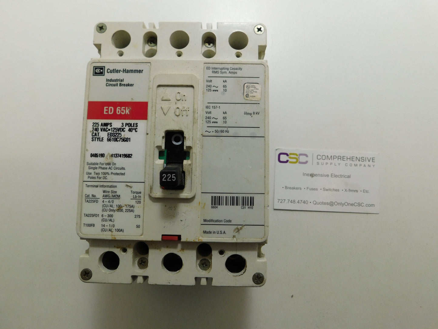 ED3225 - Cutler Hammer 225A Amp 3P Pole 65kA@240V Feed Through Circuit Breaker W/Red Label