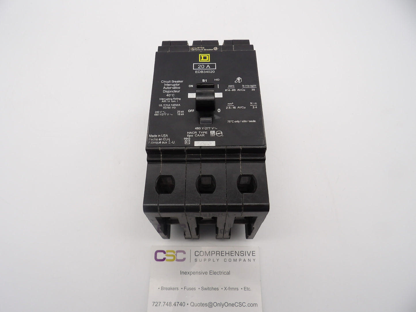 EDB34020 - Square D 20A Amp 3P Pole 18kA@480Y/277V Bolt On Circuit Breaker
