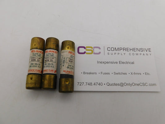 KON-25 - Reliance Fuse 25A Amp 250V Class K5 One-Time Cartridge Fuse - 3 Pack