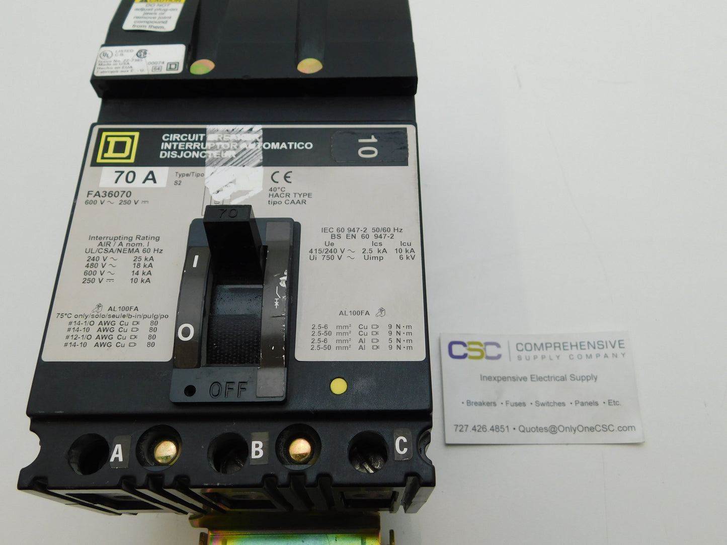 FA36070 - Square D 70A Amp 3P Pole 600V 18kA@480V I-Line Plug On Circuit Breaker W/Gray Label