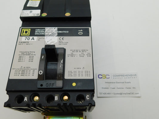 FA36070 - Square D 70A Amp 3P Pole 600V 18kA@480V I-Line Plug On Circuit Breaker W/Gray Label
